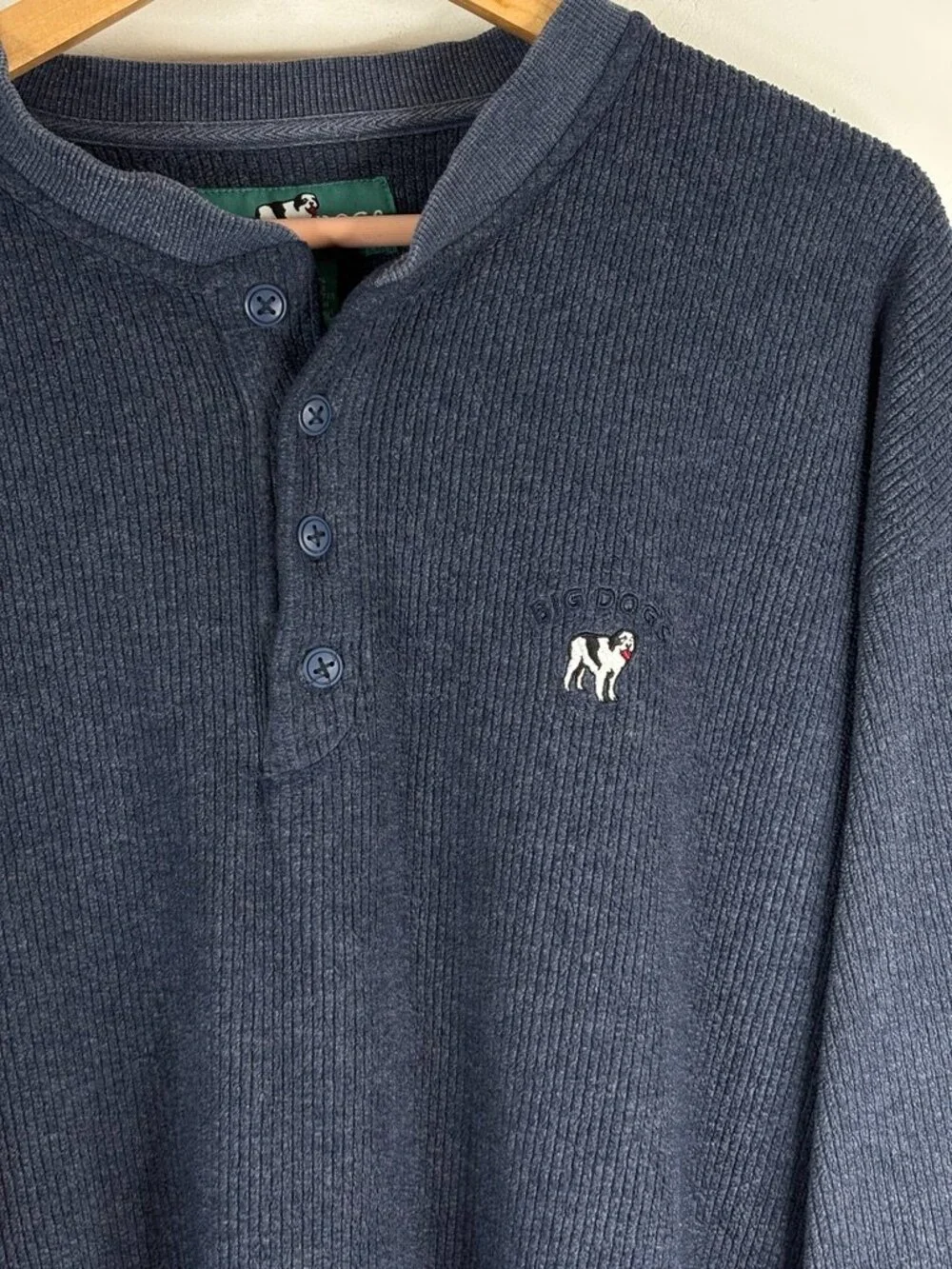 Big Dogs Men 2X 2XL Blue Long Sleeve Ribbed Henley Shirt Embroidered Waffle Knit